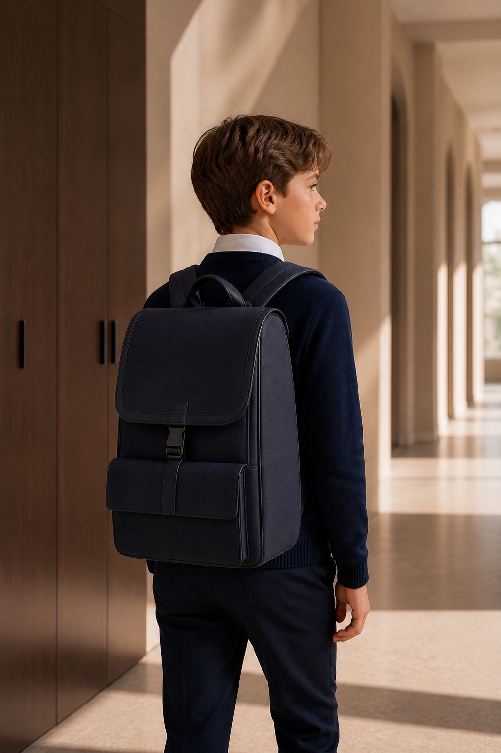 Schoolboy wearing the large Atlas Max backpack in a school corridor