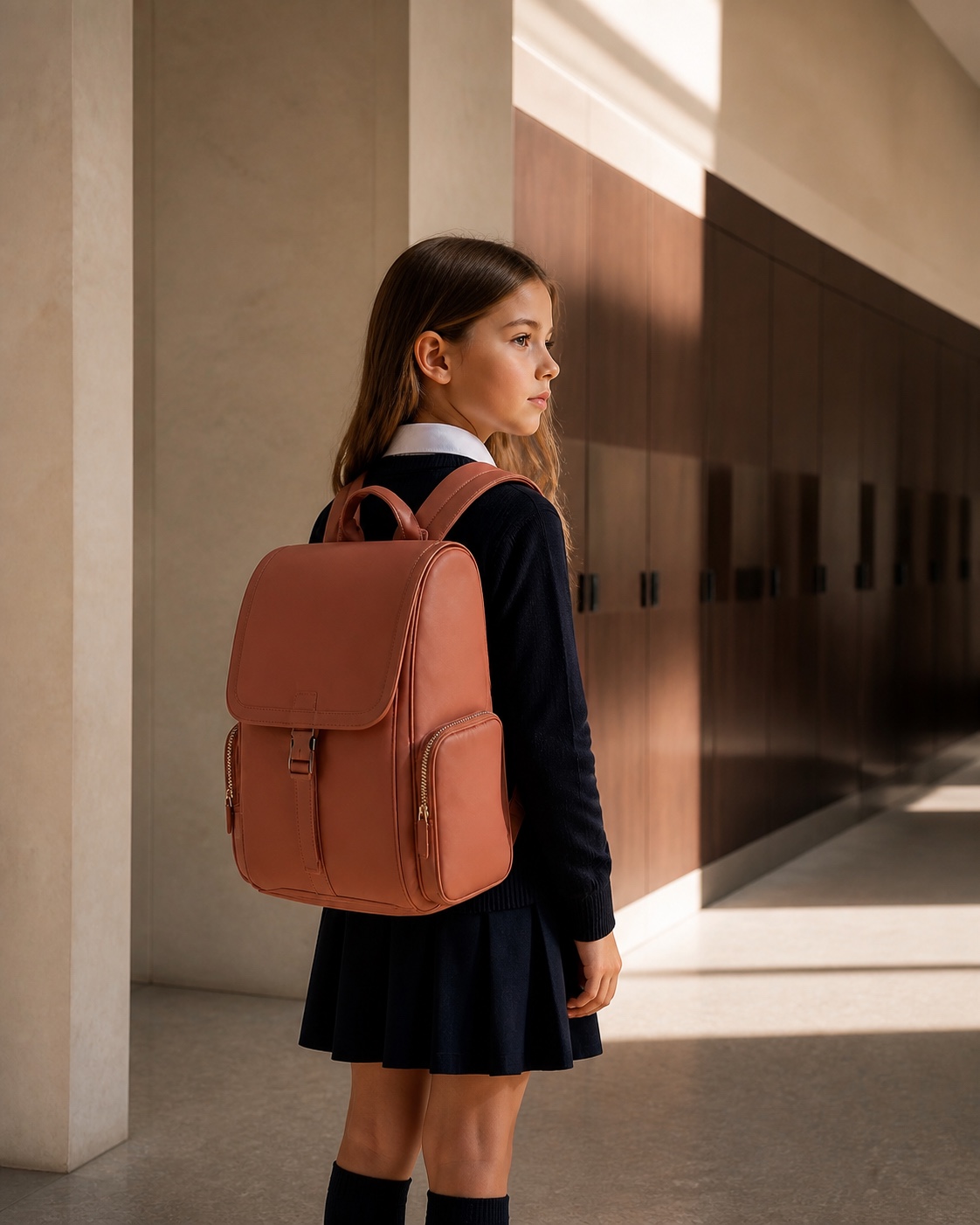Schoolgirl wearing the compact Lumi Mini backpack in a school corridor